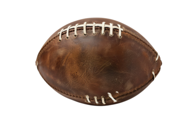 Close-up of a classic brown leather American football isolated on a white background, showing detailed stitching and texture.
