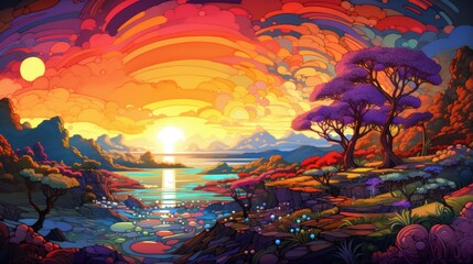 Vibrant Sunset over Fantasy Landscape. Colorful Digital Art