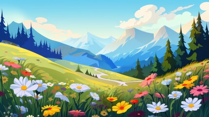 Scenic Mountain Landscape with Wildflowers and Path, Ideal for Travel, Nature, and Springtime Designs