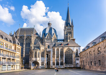 Aachen, Germany - June 23 2024 - Tourists visiting the Aachener Dom (Cathedral) seen from the Katschhof in the center of town