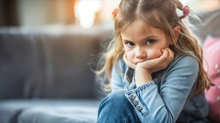 A little girl sitting on a couch with her hand on her chin.