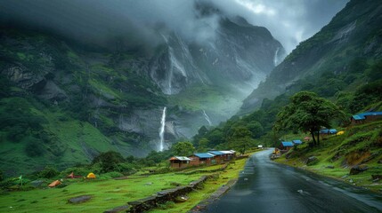 Scenic mountains draped in lush greenery, with a sparkling waterfall and a serene road flanked by cozy huts and scenic campsites.