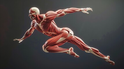 A detailed anatomical illustration of human muscles in a dynamic running pose, showcasing the complexity and structure of the muscular system.
