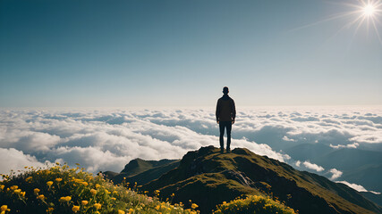  A metaphorical image of a contemplating lonely man in peaceful floral mountain top.Young man thinking about things in life. AI generated image