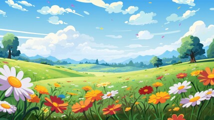  Idyllic Summer Meadow. Bright cartoon landscape of rolling green hills, wildflowers, and blue skies. Perfect for nature, spring, or happy backgrounds