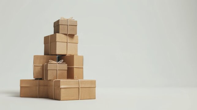 Stack of cardboard boxes tied with string on light background, minimalist packaging concept
