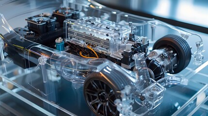 Obraz premium Transparent Hydrogen-Powered Car Engine Showcasing Its Innovative Inner Workings
