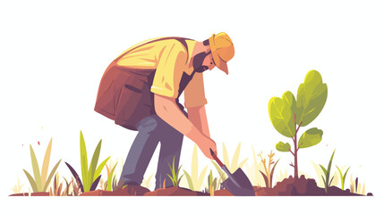 Caucasian white gardener plants a tree with a shovel.