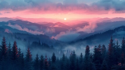Obraz premium Mountain landscape with misty forest at sunrise
