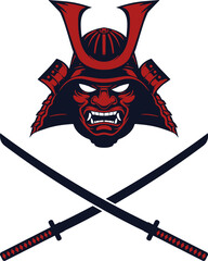 Samurai and crossed katanas mascot. Vector.