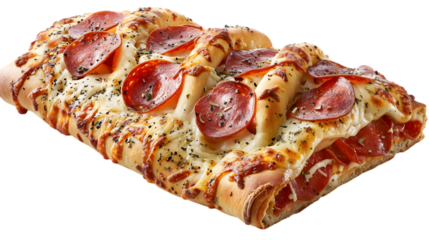  A freshly baked pepperoni stromboli, bursting with melted cheese and crispy pepperoni slices, placed on a pristine white 