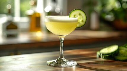 A Refreshing Cucumber Cocktail Garnished With a Sliced Cucumber on a Wooden Table. Generative AI