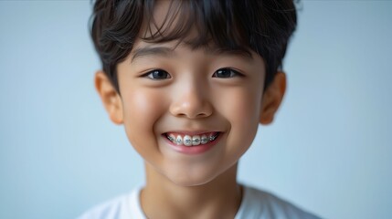 A young boy with braces smiling.
