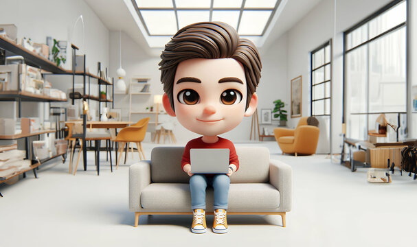 3d man with laptop monitor screen, working with printed cadastral map at table on workplace. Young man analyzing cadastral map searching for building plot.3d illustration.