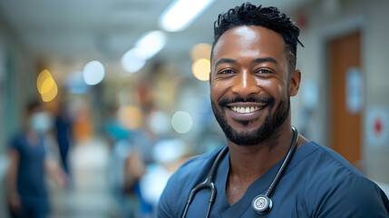 Fototapeta premium Nurse, hospital employee and portrait healthcare, wellness and clinic feeling proud. Happy, smile and doctor in a medical facility with happiness from workplace vision and success