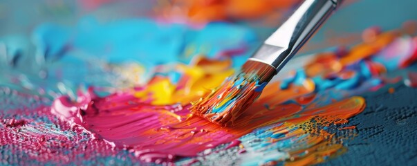 Fototapeta premium Paintbrush Mixing Vibrant Colors on Palette
