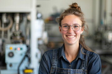 Portrait of a young female factory worker smiling at the camera.