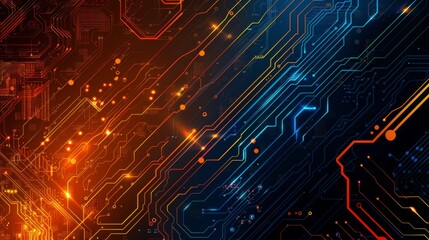 Fototapeta premium A dynamic and energetic circuit board pattern illuminated with neon orange and blue hues, representing the advanced technology and futuristic digital connections of modern times.