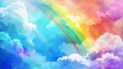 Colorful sky with rainbow and fluffy clouds, digital artwork. Fantasy and dreamscape concept
