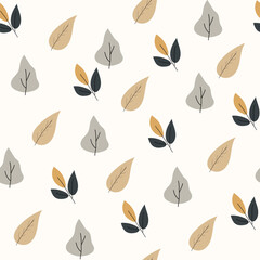 Seamless flower pattern design vector. Autumn seamless pattern with different leaves and plants, with seasonal colors.