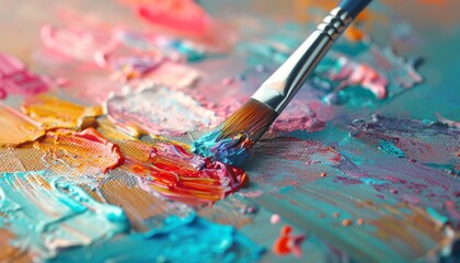 Obraz premium Closeup of a Paintbrush on a Palette with Vibrant Colors