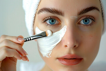 Young beautiful woman applying cosmetic mask on her face, isolated on white