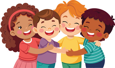 Group of diverse children hugging and smiling