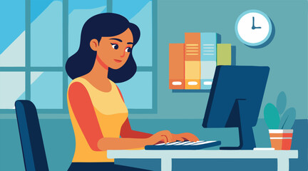 Young woman working from home office using desktop computer