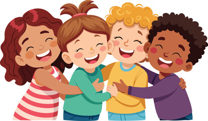 Group of diverse children hugging and smiling