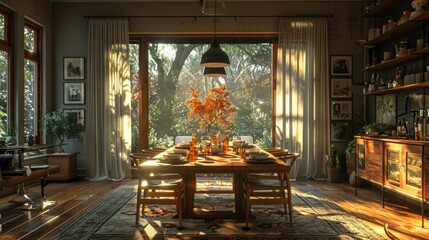 A Sun-Drenched Dining Room With Autumn Leaves and Warm Wood Tones. Generative AI