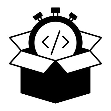 Express Product Delivery Time Concept, Open Cardboard with Stop watch Vector Icon Design, Software and web development symbol, Computer Programming and Coding stock illustration