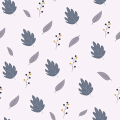 Seamless flower pattern design vector. Autumn seamless pattern with different leaves and plants, with seasonal colors.