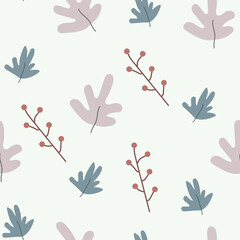 Seamless flower pattern design vector. Autumn seamless pattern with different leaves and plants, with seasonal colors.