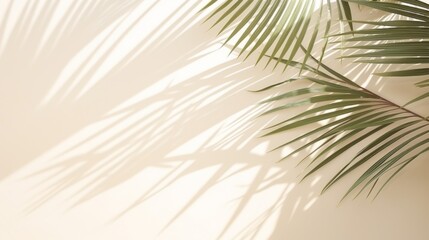 Obraz premium Multiple palm leaves are positioned to cast their intricate shadows on a light wall, creating a serene and tropical atmosphere with delicate patterns and organic forms.