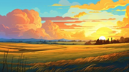 Fototapeta premium Golden Hour. Serene Sunset over Rural Farmland Landscape Painting