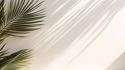 Fototapeta premium A single palm leaf spreads its shadow on a bright, pale background, creating a calm, minimalist scene, reflecting the simplicity and elegance of natural elements.