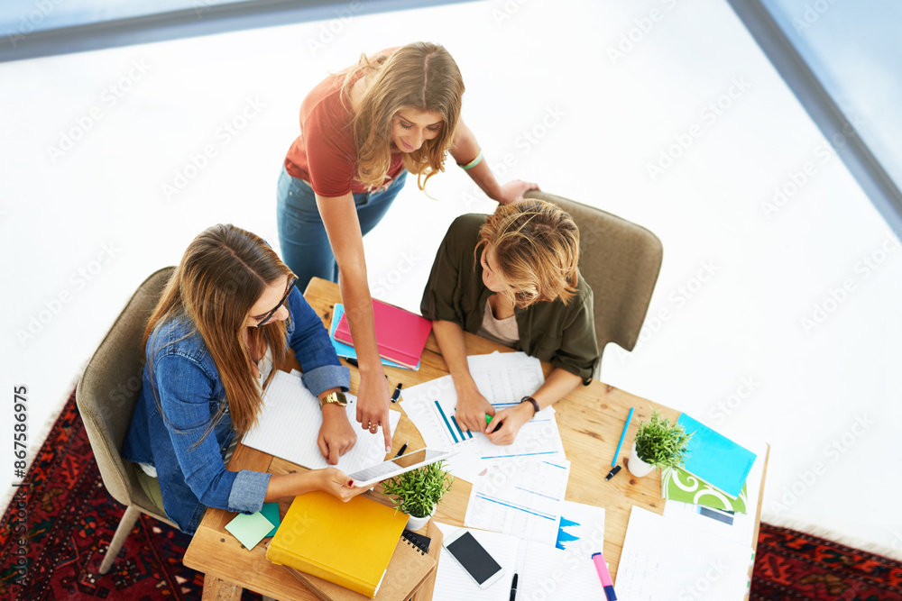 Poster woman, teamwork and data analysis on tablet for social media engagement, report or statistics in mee