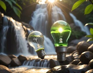 Concetto di energia verde e rinnovabile, lampadina, lampadine accesa in un contorno di cascata di acqua, foglie, alberi e vegetazione verde	