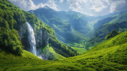 Serene valley with rolling green hills, mountains, and a breathtaking waterfall.