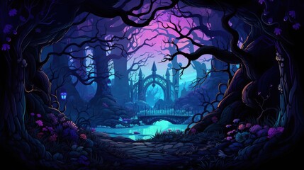 Mysterious night forest landscape with an old arch bridge to the castle gates, scary trees and magic lights. Spooky Halloween background with dark enchanted woods.
