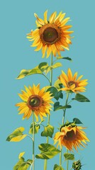 Sunflowers against a bright blue background, detailed illustration