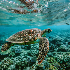 Obraz premium Tranquil Depths Majestic Ancient Sea Turtle Wallpaper