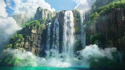 Fototapeta premium A majestic waterfall plunging relentlessly down a towering rocky cliff, surrounded by vibrant greenery and misty clouds, creating a serene natural wonder in vivid turquoise.