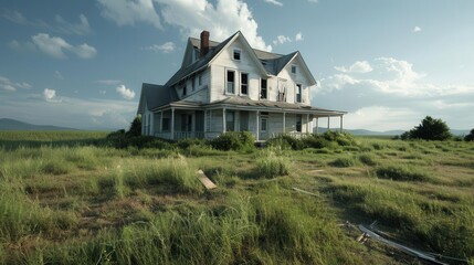 Obraz premium Abandoned farmhouse in a field with a cloudy sky