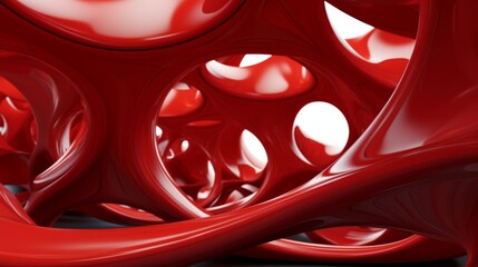 An intriguing abstract composition featuring dynamic red shapes that swirl and intersect, creating open circular spaces against a neutral background, evoking a sense of movement.