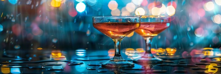 Showcase glasses with an enticing alcoholic drink on a dewy glass table, creating a vibrant atmosphere for the perfect night out.