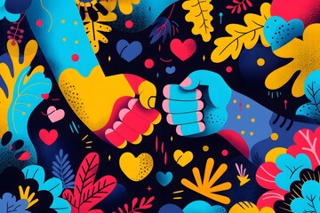 Colorful illustration of two hands fist-bumping surrounded by vibrant abstract shapes and hearts.