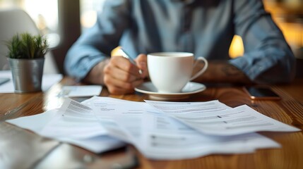 Businessman Working Diligently on Documents and Laptop at Desk in Office