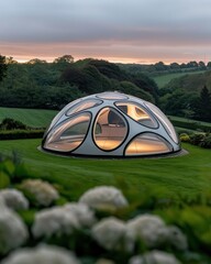 Modern dome shaped structure with glass panels, set against a green landscape.
