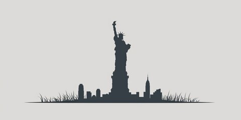Obraz premium Silhouette of the Statue of Liberty with New York City skyline in the background on a grey background.